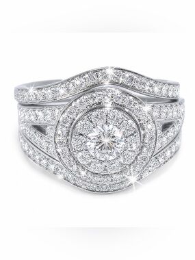 Helzberg Diamond 14K 1 1/3 CTW RD White Gold Halo Bridal Wedding Ring Set